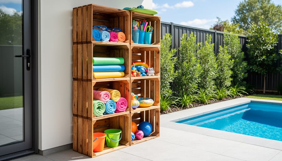 Stacked wooden crates storing pool toys and outdoor equipment in vertical arrangement