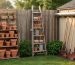 Backyard corner with an upright pallet holding pots and hand tools, a weathered ladder fastened to a fence as tiered storage, and a salvaged gutter on a shed organizing rakes and shovels, shot at eye level in soft afternoon light.