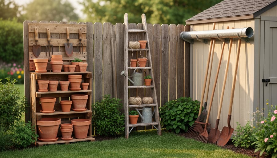Backyard corner with an upright pallet holding pots and hand tools, a weathered ladder fastened to a fence as tiered storage, and a salvaged gutter on a shed organizing rakes and shovels, shot at eye level in soft afternoon light.