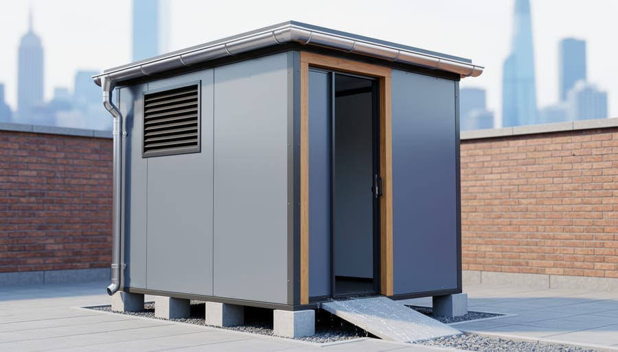 Weatherproof outdoor storage shed on concrete blocks in an urban courtyard with gutter and downspout, louvered vent, and visible door weather stripping, city buildings softly blurred behind