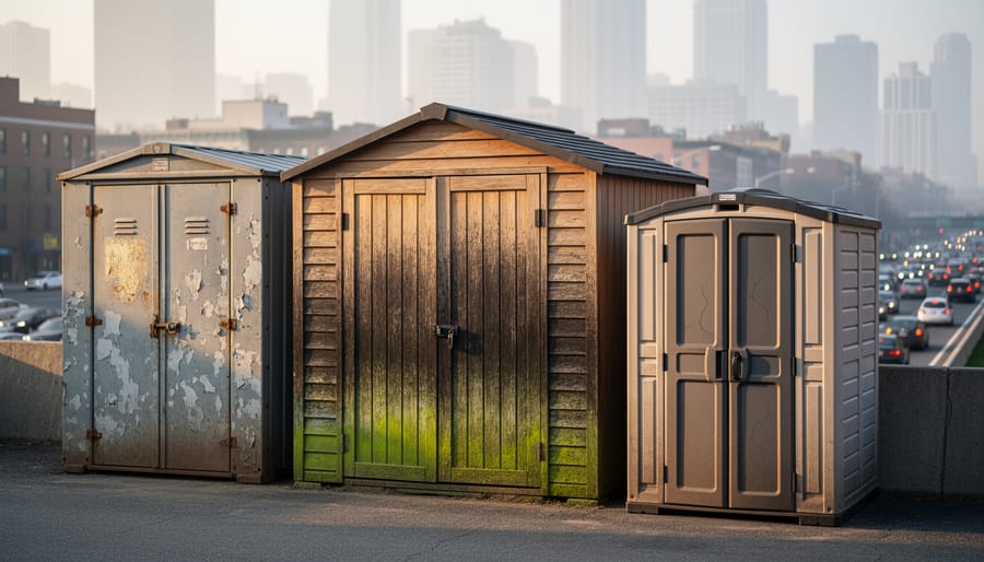 Weathered garden shed showing signs of weather damage including warped wood and rust
