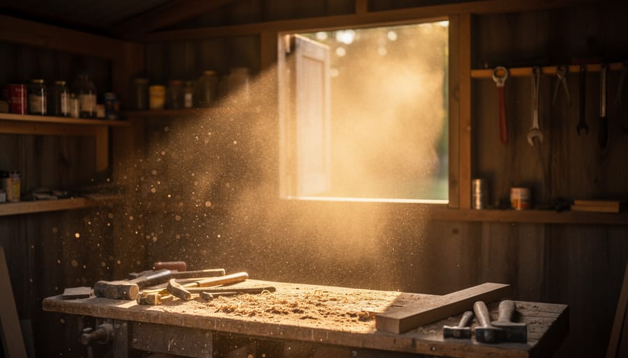 Dust and wood particles visible in sunbeam streaming through workshop window