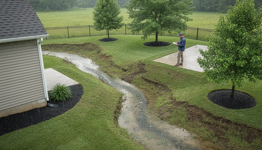 Backyard showing natural water drainage patterns and pooling after rainfall