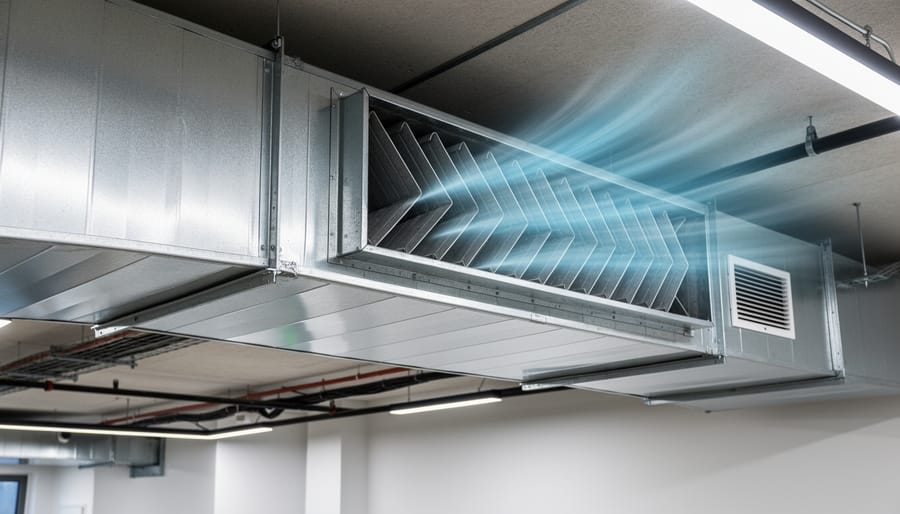 Z-pattern ductwork installed in shed ceiling showing zigzag baffles for sound attenuation