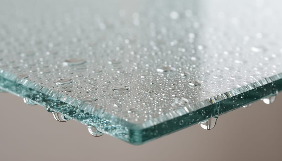 Water forming thin transparent sheet on treated glass surface flowing downward