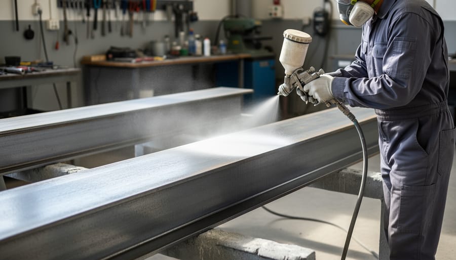 Person applying protective coating to steel frame with paint roller outdoors