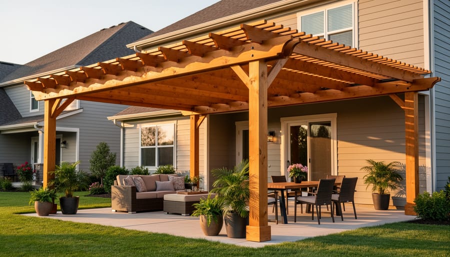 Completed white pergola attached to house creating shaded outdoor living space with patio furniture