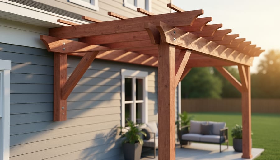House-attached cedar-tone wooden pergola anchored to a ledger board on gray fiber-cement siding, shading a small patio in warm evening light, with patio chairs, planters, and lawn softly blurred in the background.