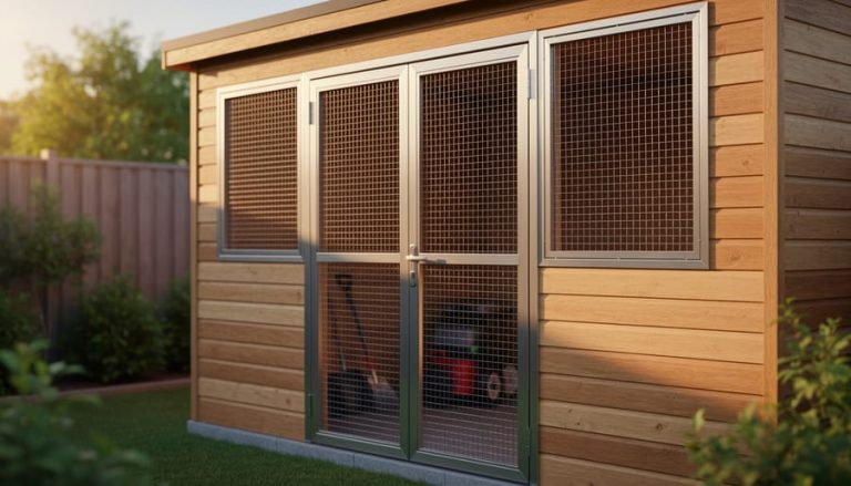 Backyard wooden shed with stainless steel mesh security screen door and matching window screen, golden-hour side light highlighting the sturdy frame; blurred garden and fence behind, with a lawn mower faintly visible inside.