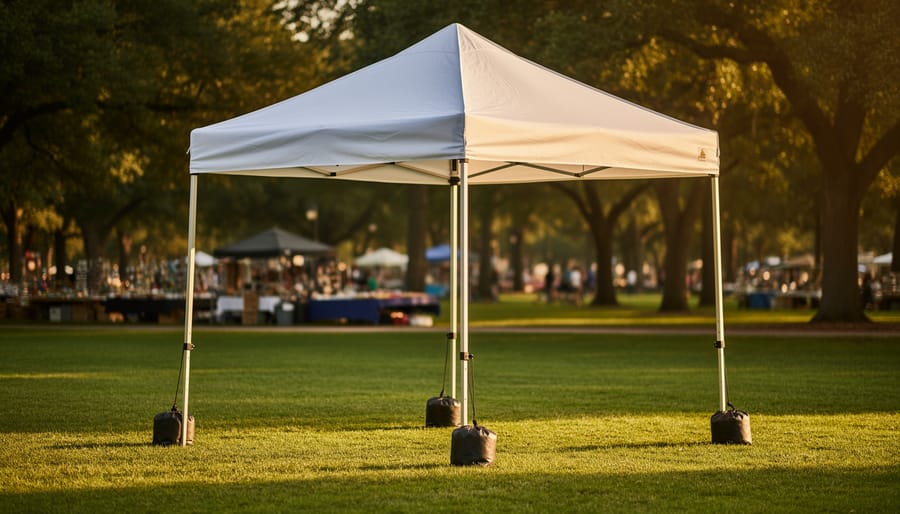 White 10x10 pop-up canopy with aluminum frame and leg weights on a grassy park lawn at golden hour, with blurred trees and market tables behind it.