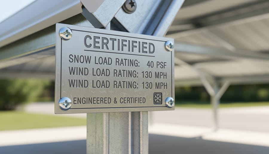 Close-up of metal certification plate on carport showing load rating specifications
