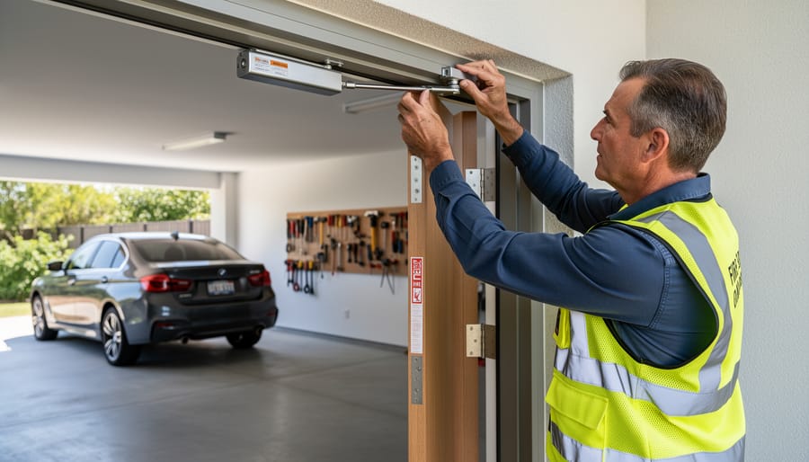 Homeowner inspecting fire-rated door closer mechanism during safety check
