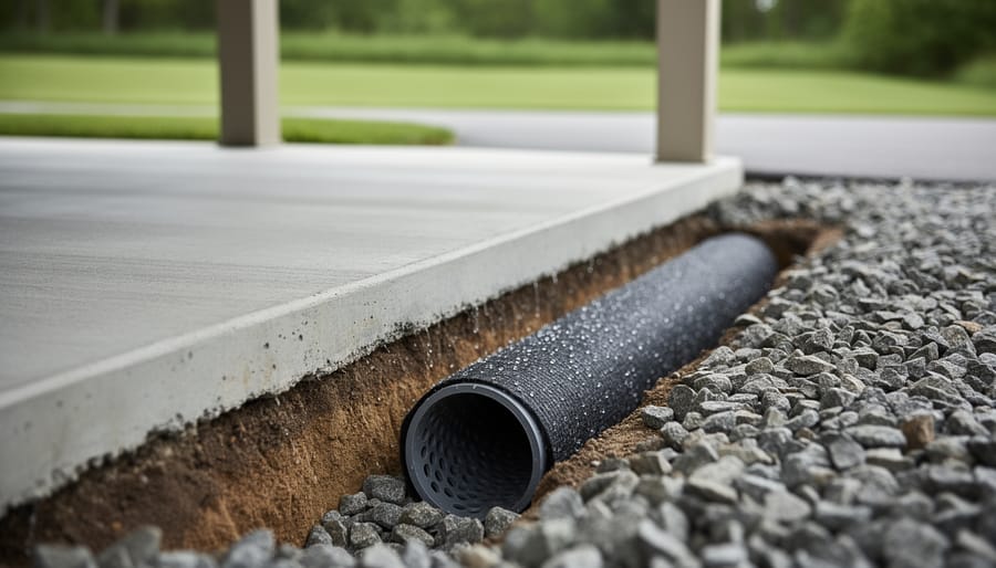 Low-angle view of a carport slab edge with an exposed French drain trench, showing perforated pipe wrapped in fabric and surrounded by gravel, with water draining away and the carport and driveway softly blurred in the background.