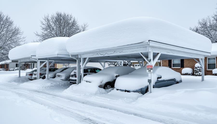 Metal carport covered with heavy snow load during winter storm