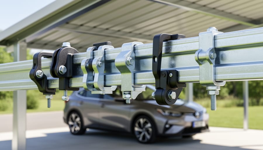 Close-up of LED light fixtures mounted to metal carport beams with clips and magnetic mounts