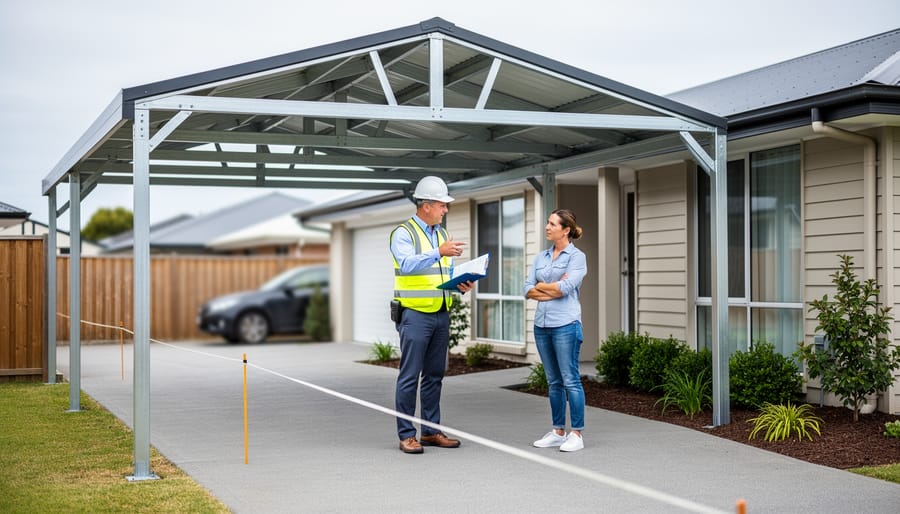 Building inspector with clipboard discusses a partially installed metal carport with a homeowner beside a suburban house; survey stakes and a string line mark setbacks, with driveway, shrubs, and a neighboring fence in soft background.