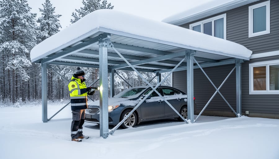 Building inspector in winter gear examines a cross-braced steel carport bearing thick snow, with a car parked underneath and a snowy suburban home and pines in the background under overcast light.