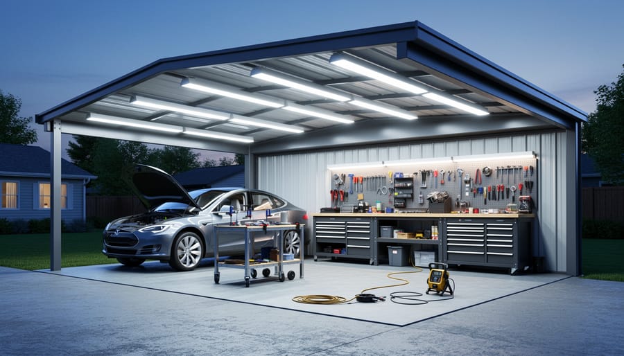 Metal carport interior with bright LED shop lights illuminating workbench and tools