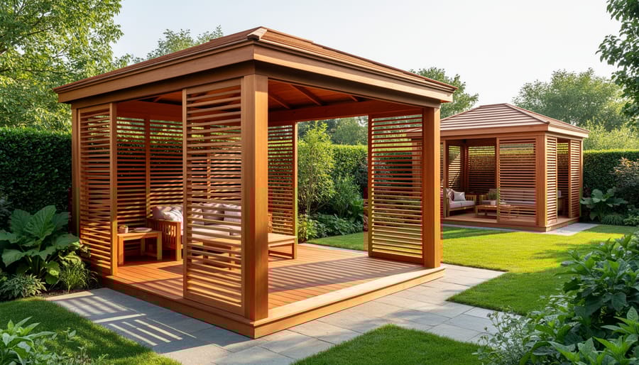 Cedar hot tub gazebo with louvered vents and open lattice design for natural airflow