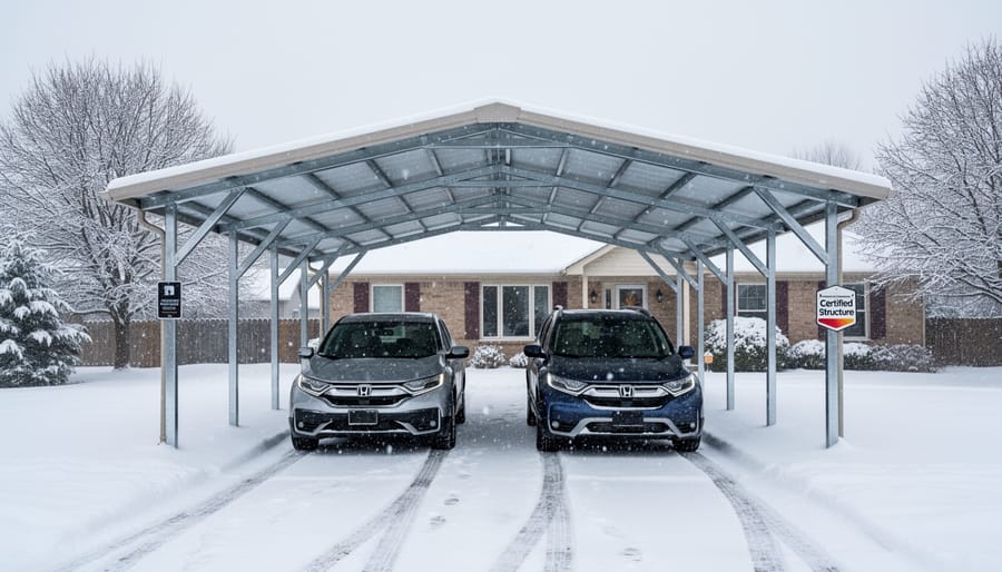 Well-built certified carport protecting vehicles during snowy winter conditions