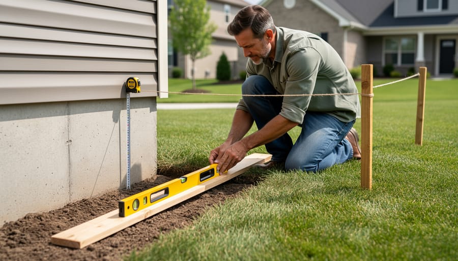 Person measuring ground slope near foundation using string level and tape measure