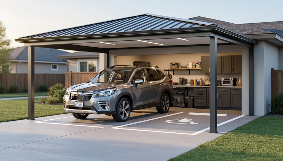 Class A motorhome with proper clearance space under metal carport structure
