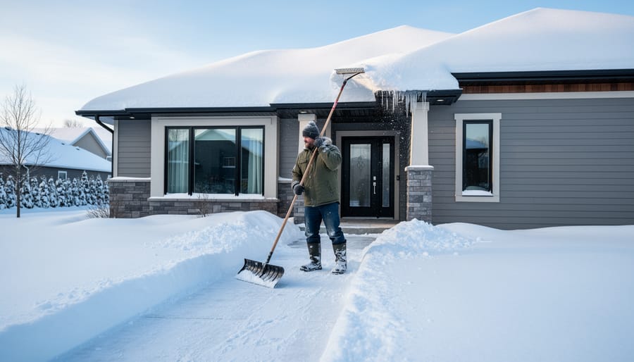 Homeowner using roof rake to remove snow from portable shelter roof