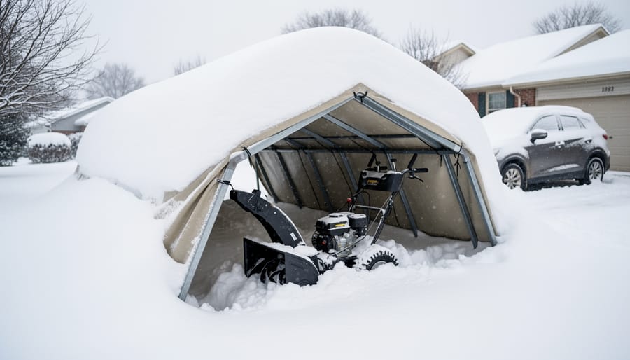 Collapsed portable shelter structure crushed under heavy snow accumulation in winter backyard