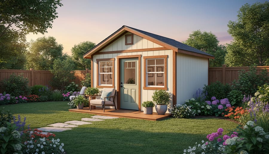 Beautiful she shed with sage green siding, white trim, and burgundy door surrounded by garden flowers