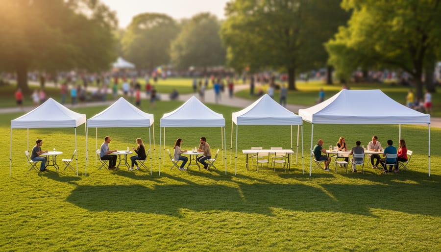 Row of pop-up canopy tents in different sizes, from small to large, set side-by-side on a grassy park field at golden hour with proportional seating and a few people under each; trees and a walking path softly blurred in the background.