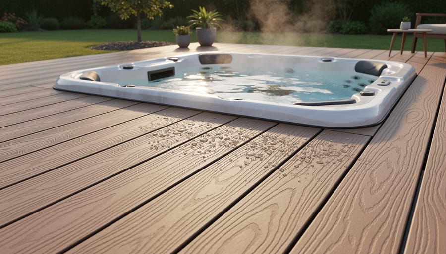 Moisture-resistant composite decking with water droplets showing drainage and durability