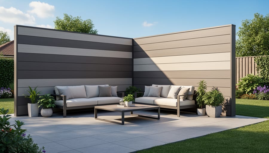 Backyard gazebo with composite roofing panels and outdoor living furniture