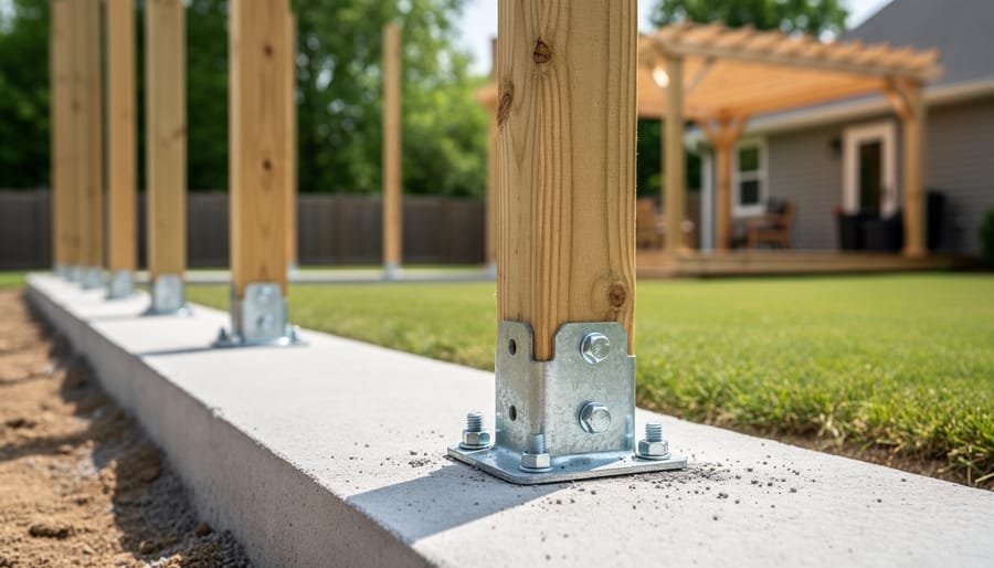 Concrete footing with metal post base anchor being installed in ground