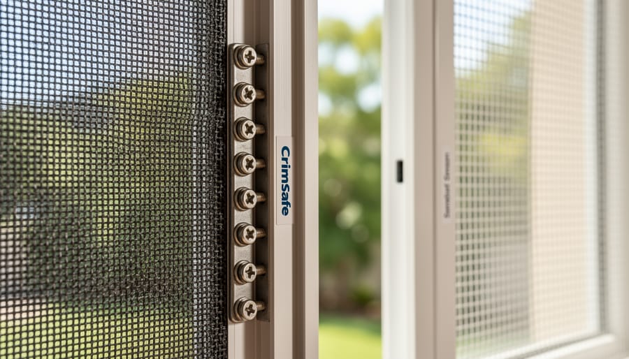 Close-up detail of Crimsafe stainless steel security mesh showing interwoven wire pattern and mounting system