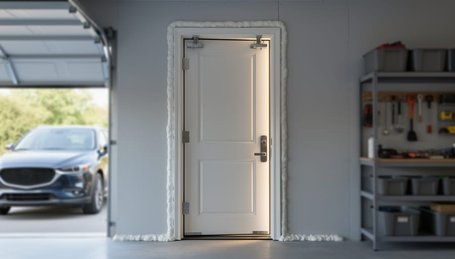 Enclosed carport interior with a solid self-closing door to the house, visible spring hinges and smoke seal, smooth fire-rated drywall, and sealed pipe penetrations, with a parked car and shelving softly blurred in the background under diffused daylight.