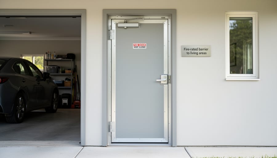 Fire-rated door with automatic closer between garage and home interior