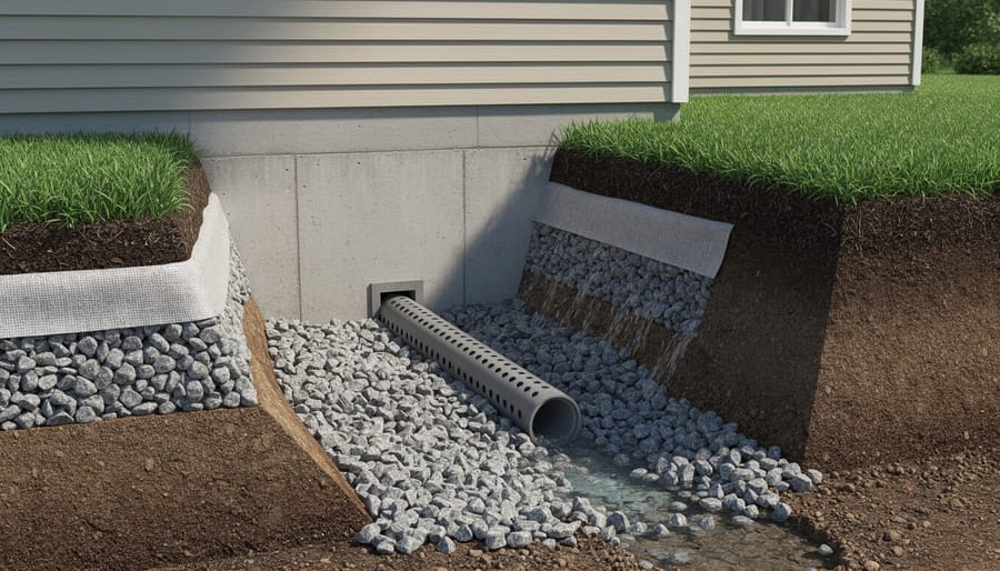 Cross-section view of foundation showing gravel drainage layer and perimeter drain pipe