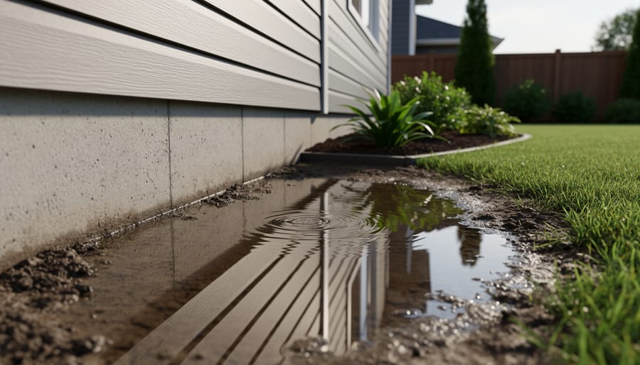 Water pooling around concrete foundation showing inadequate drainage