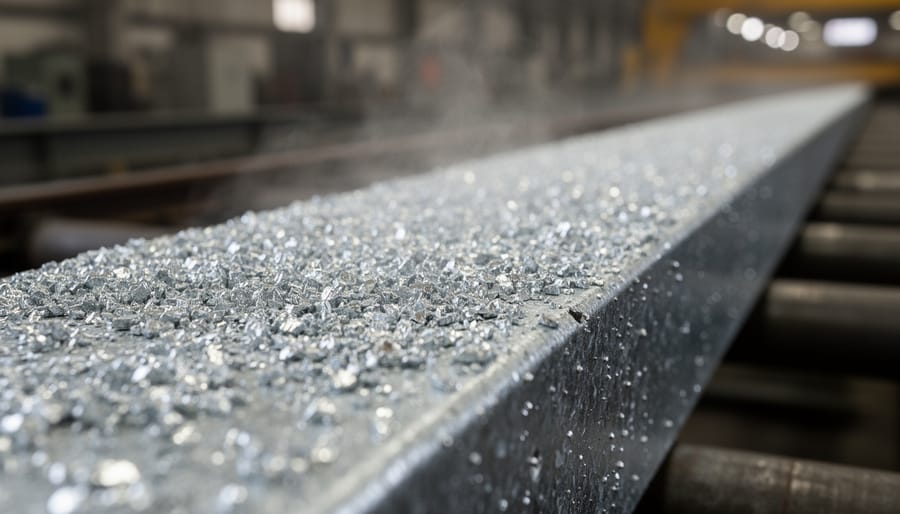 Galvanized steel tubing showing protective zinc coating with crystalline surface pattern