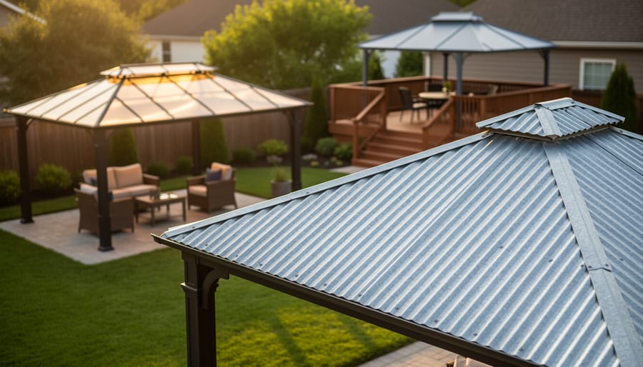 Eye-level photo of a backyard with three gazebos showing roofing materials—galvanized steel roof in sharp focus foreground, translucent polycarbonate midground, and powder-coated aluminum roof on a deck in the background at golden hour.