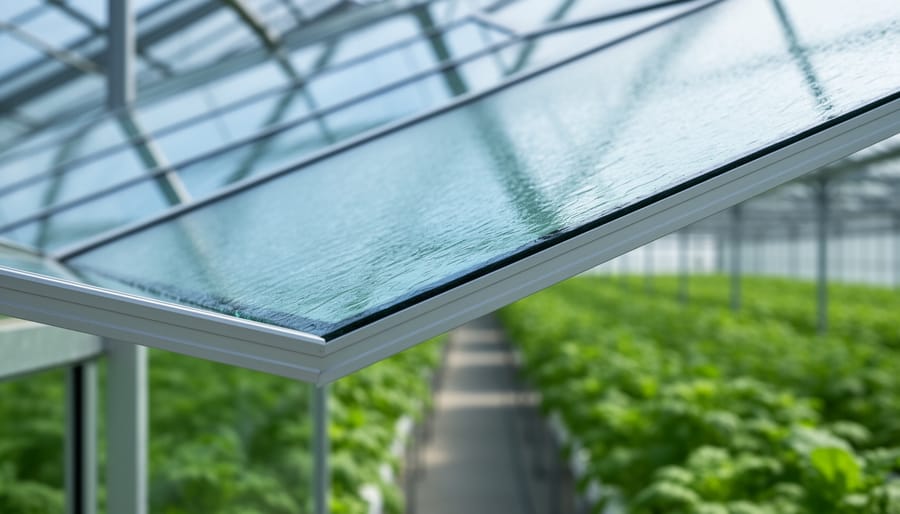 Upward interior view of a greenhouse roof panel with water forming a transparent sheet rather than droplets, softly lit morning light, with blurred green plants and aluminum framing visible in the background.