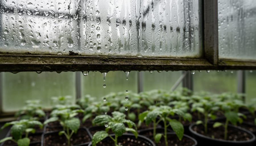 Close-up of water condensation droplets on greenhouse glass with plants visible behind