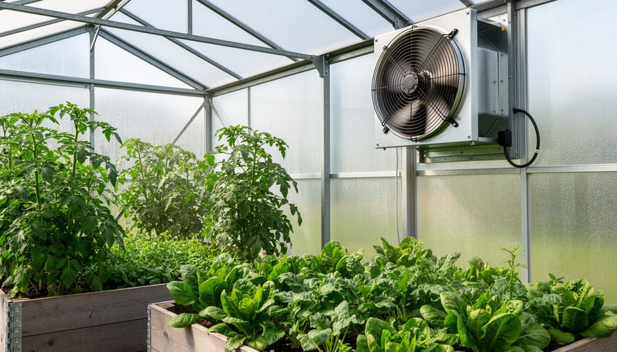 Exhaust ventilation fan installed on greenhouse wall with open louvers