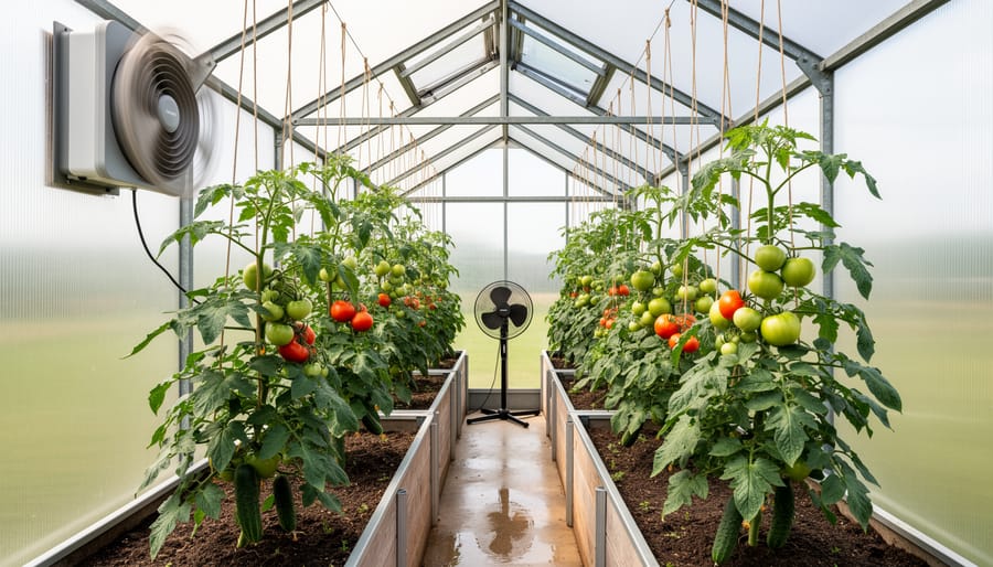 Interior of a greenhouse with rows of tomato and cucumber plants; a wall-mounted exhaust fan and an oscillating fan circulate air under soft diffused daylight, with open roof vents and trellis lines visible.