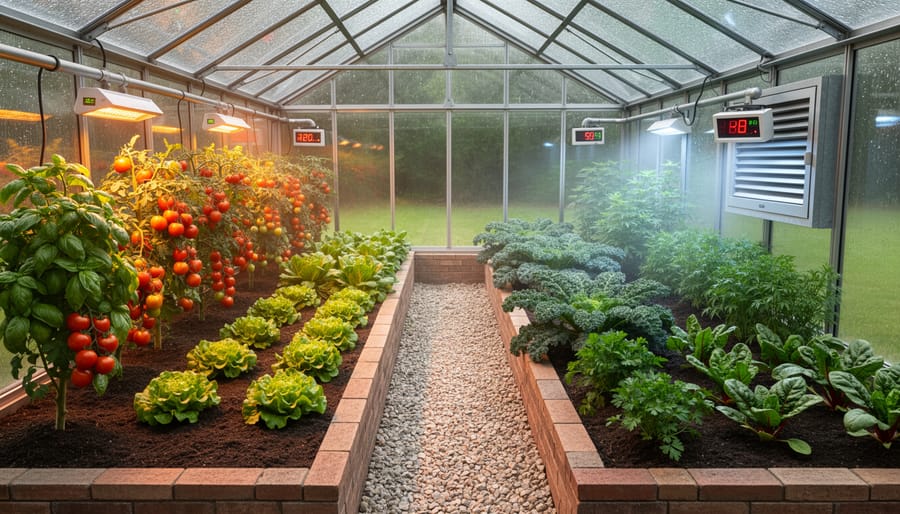 Interior of in-ground greenhouse showing different vegetable crops organized in separate growing zones