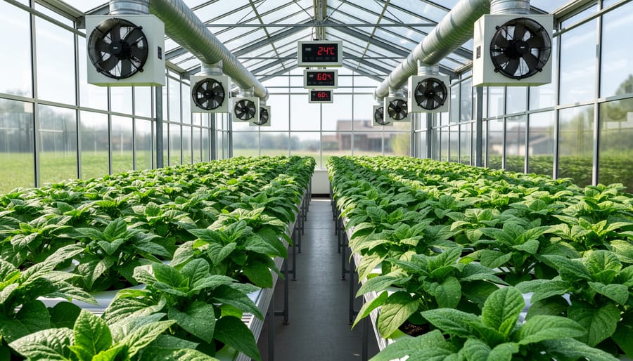 Thriving tomato plants growing in well-ventilated greenhouse with natural light