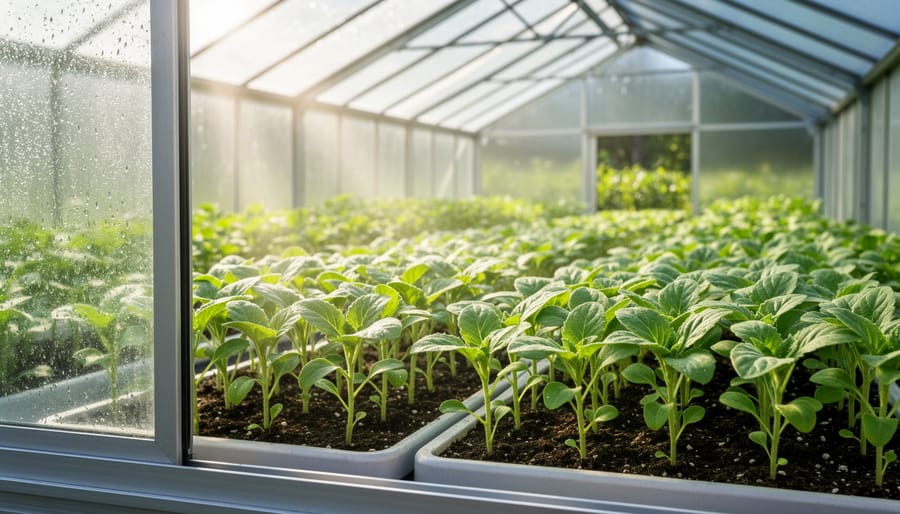 Healthy greenhouse seedlings growing under clear glass with optimal light conditions