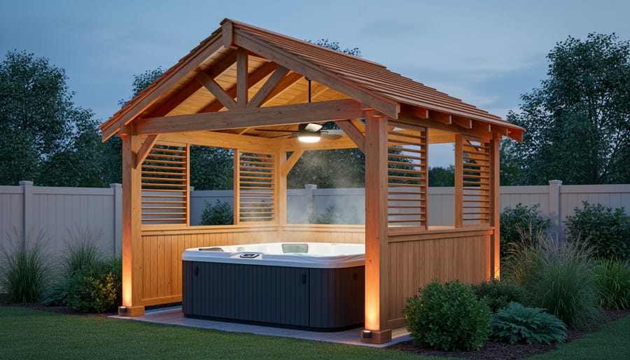 Evening view of a cedar gazebo with a vented gable roof, open louvers, and a ceiling fan above a steaming hot tub, warm lights inside and a landscaped backyard softly visible behind.
