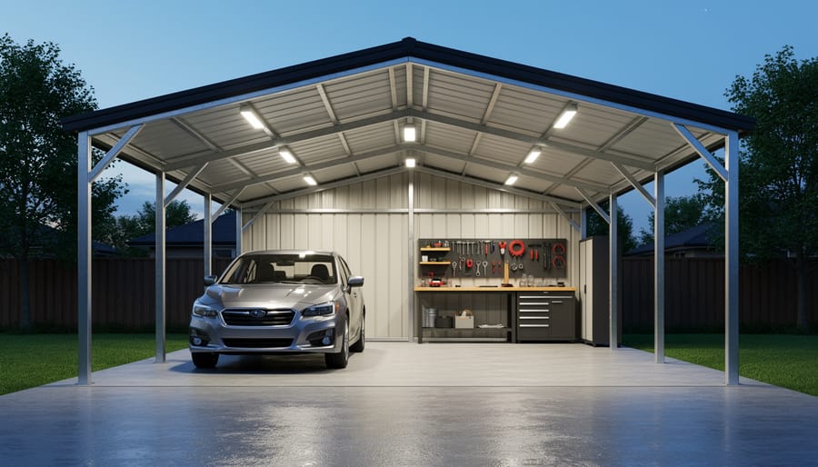 Metal carport illuminated with LED lights at dusk showing parked vehicle