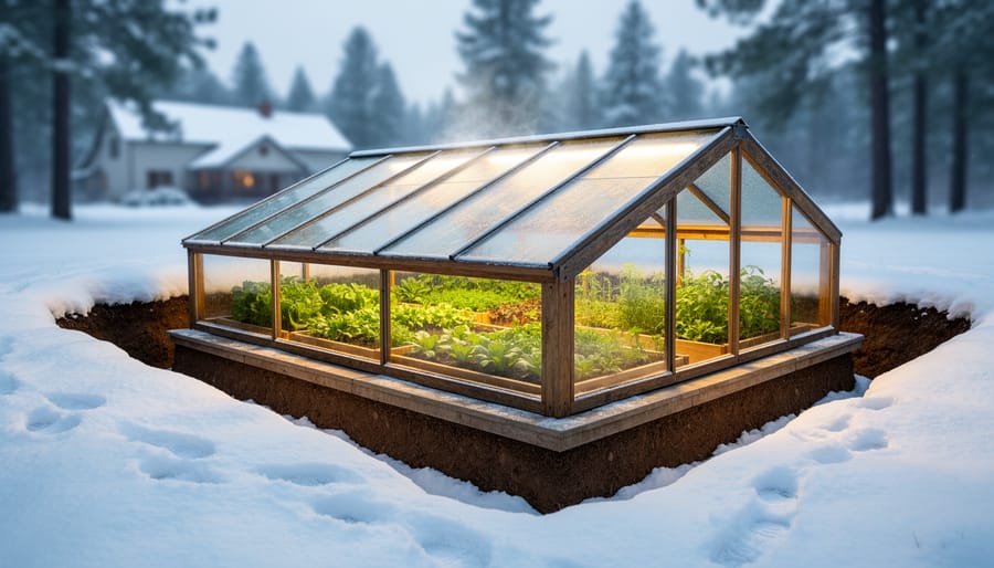 In-ground greenhouse with earth-bermed walls and a clear slanted roof, glowing warmly amid snow, with lush green vegetable beds visible inside; photographed from a slightly elevated angle with a farmhouse and pine trees softly blurred in the background.
